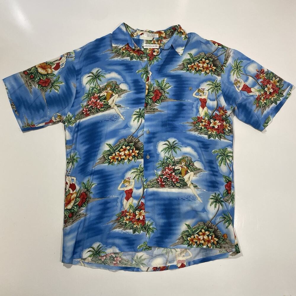 VTG 90’s Pierre Cardin Men's Shirt M Aloha Hawaiian Hula Pin Up Girl Floral Blue